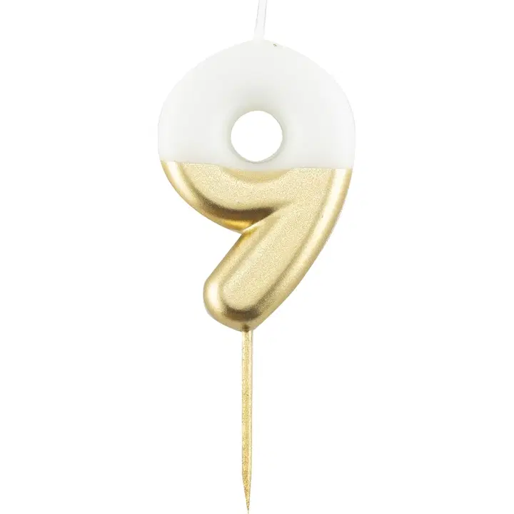 Kynttilä numero 9 valko-kultainen