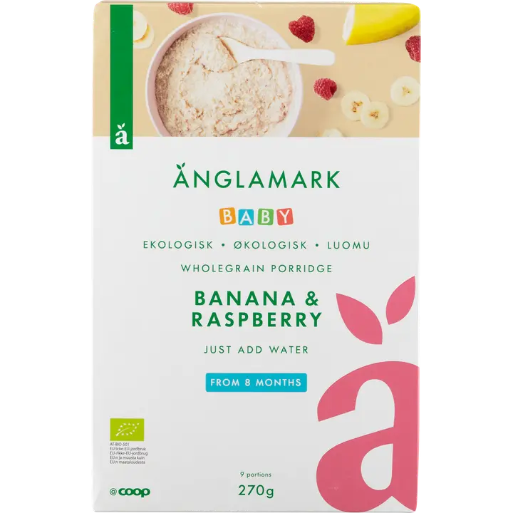 Änglamark puurojauhe banaani/vadelma luomu 8 kk 270 g