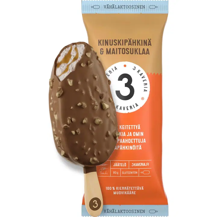 3 Kaveria Vähälaktoosinen Kinuskipähkinä & Maitosuklaa jäätelöpuikko 110ml/80g