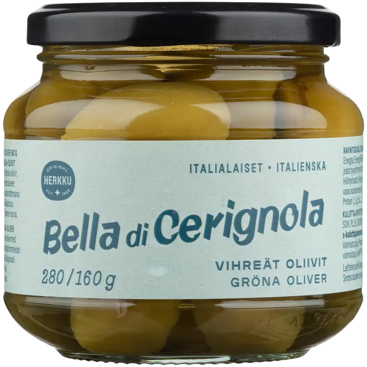 Herkku Bella di Cerignola italialaiset vihreät oliivit 280g/160g