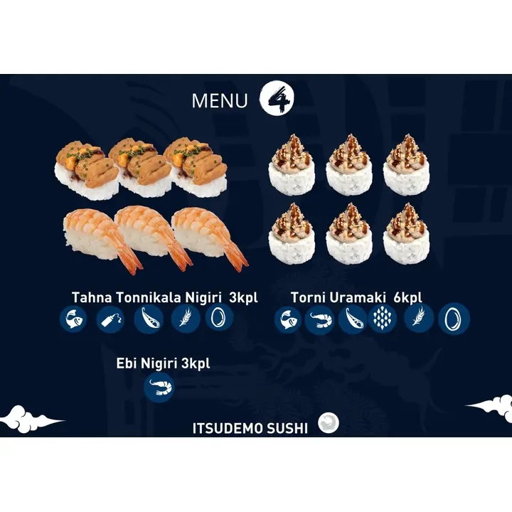 Itsudemo sushi box, 3*Tahna tonnikala nigiri, 3* Ebi nigiri, 6*Torni Uramaki