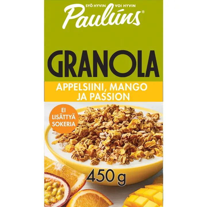 Pauluns appelsiini-mango-passiohedelmä granola muromysli 450g