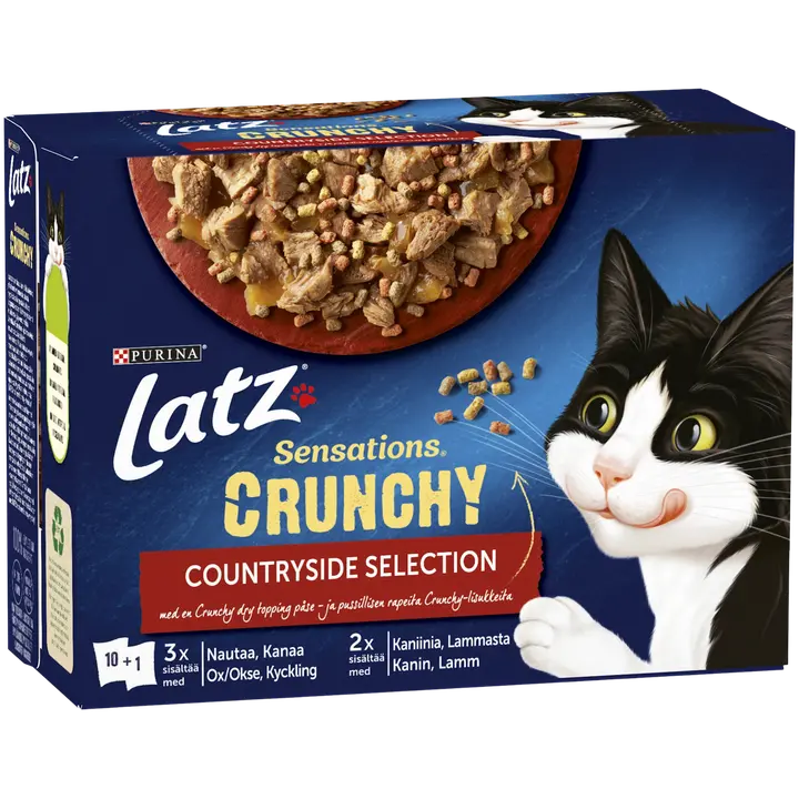 Latz Sensations Crunchy 10x85g+40g Countryside lajitelma hyytelössä 4 varianttia kissanruoka