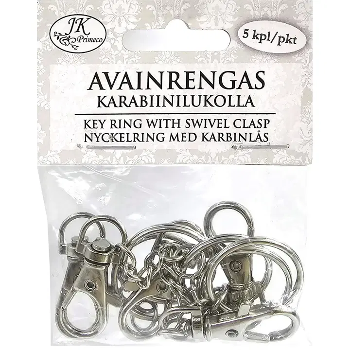 J.K. Primeco avainrengas karabiinilukolla hopea 5kpl