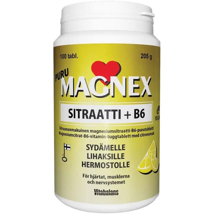 Magnex Sitraatti 375 mg + B6 puru 100 tabl/205g., kotimainen, sitruunanmakuinen magnesiumsitraatti-B6-vitamiini purutabletti, Vitabalans