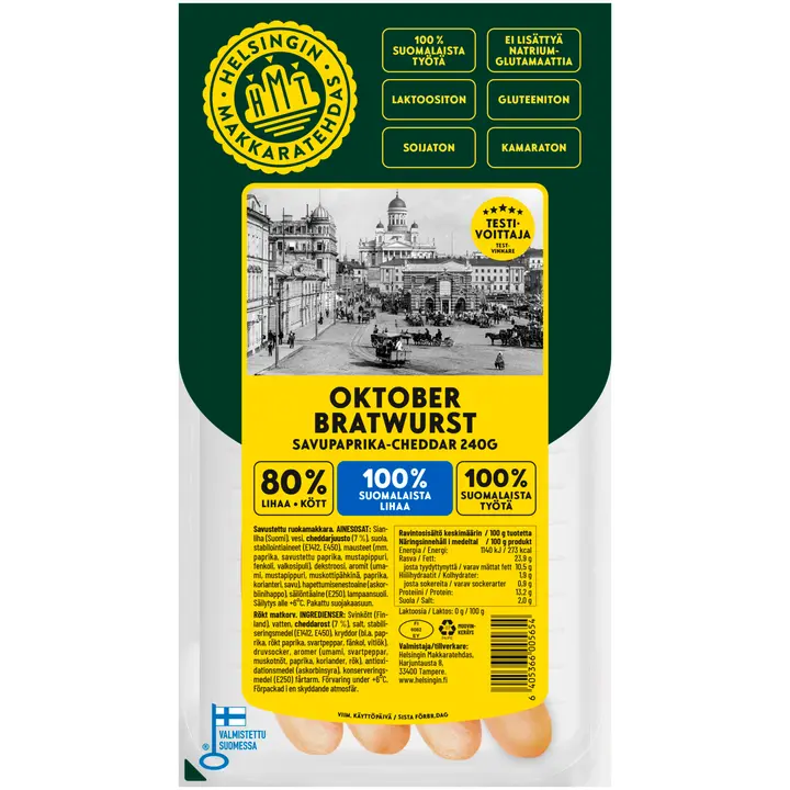 Helsingin Oktober Bratwurst savupaprika-cheddar 240g