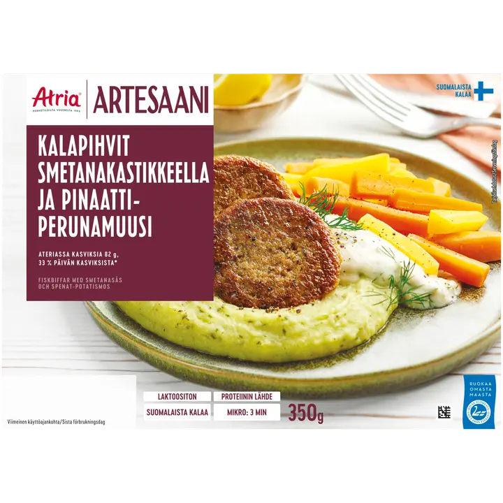 Atria Artesaani Kalapihvit Smetanakastikkeella ja Pinaatti-Perunamuusi 350g