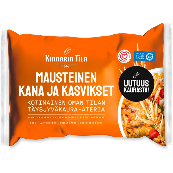 Kinnarin Tila 300g Mausteinen kana ja kasvikset täysjyväkaura-ateria