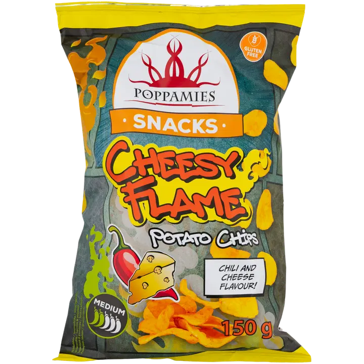 Poppamies Snacks Cheesy Flame Potato Chips juuston ja chilin makuiset perunalastut 150g