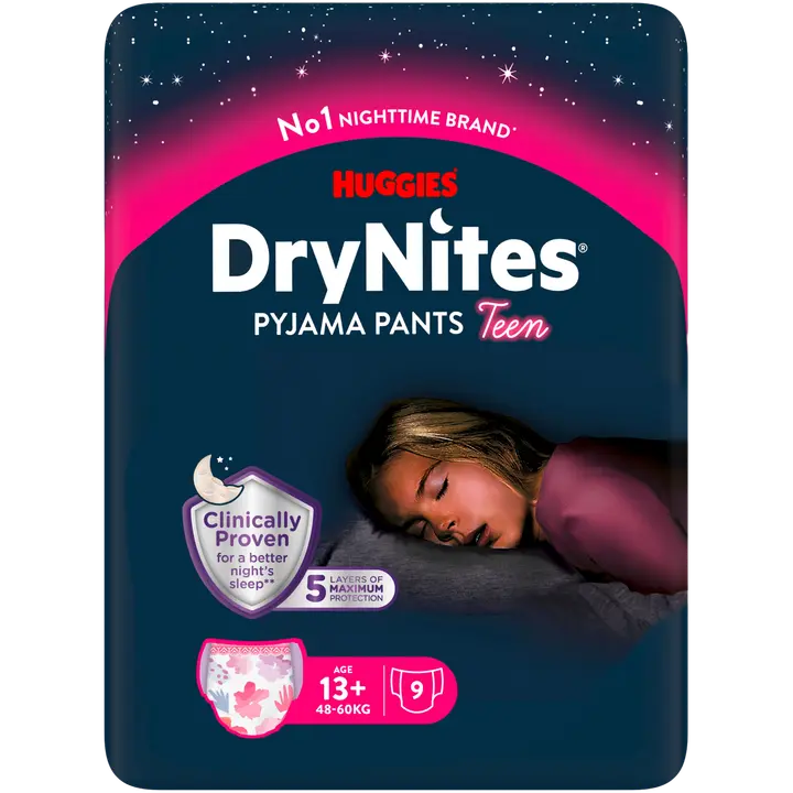Huggies DryNites yövaippa 48-60 kg 9kpl, tyttö 13+ vuotta