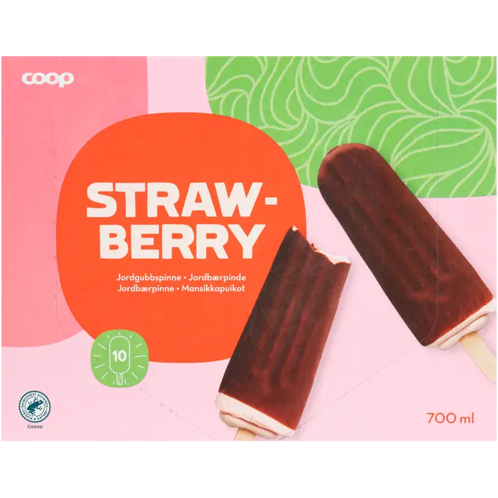 Coop maasikamaitseline jäätis šokolaadikattega, 10 tk, 700 ml / 390 g