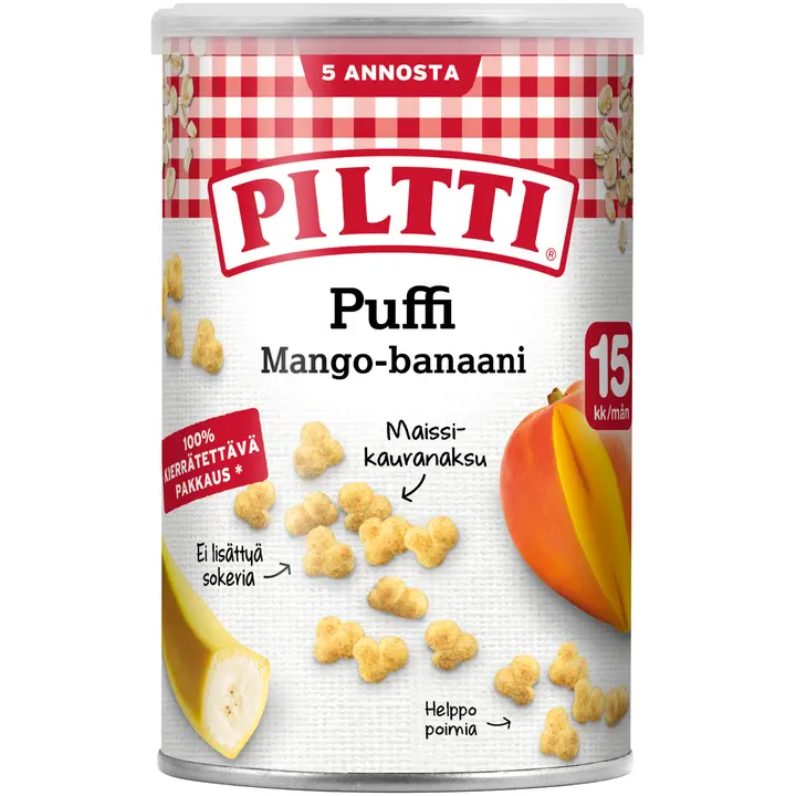 PILTTI Puffi 35g Mangon ja banaanin makuisia maissi- ja kauranaksuja 15kk