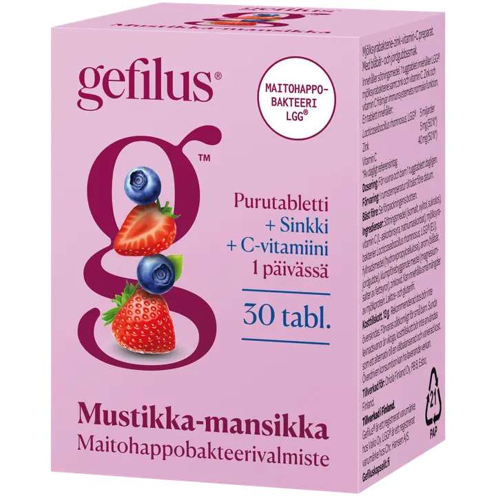 Gefilus mustikka-mansikka C+Sinkki maitohappobakteeri-vitamiinivalmiste purutabletti 30tabl ravintolisä