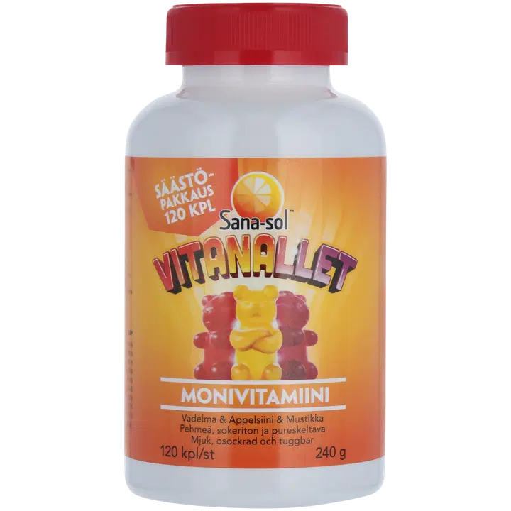 Sana-sol Vitanallet Monivitamiini pehmeä ja pureskeltava vadelma&appelsiini&mustikka 120kpl/240g