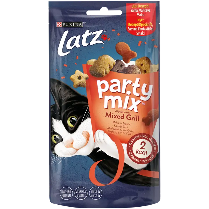 Latz 60g Party Mix snacks Mixed Grill Naudanlihan, Kanan & Lohen makuinen kissanherkku