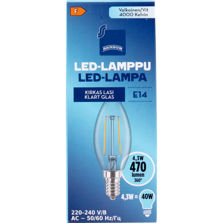 Rainbow LED-kynttilälamppu 4,3W E14 4000K 470lm kirkas lasi