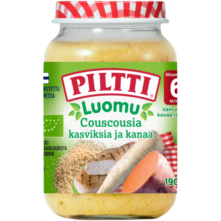 Piltti Luomu 190g Couscousia, kasviksia ja kanaa lastenateria 6kk