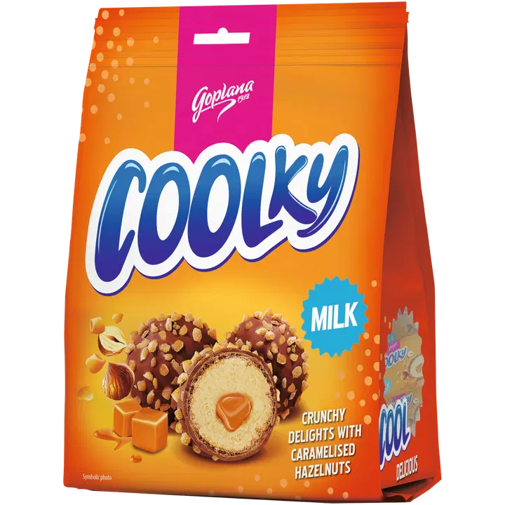 Wafer with biscuit flavoured cream (48 %) and caramel filling (8.7 %) covered with milk chocolate (25 %) with caramelised sugar and nut topping (10 %)