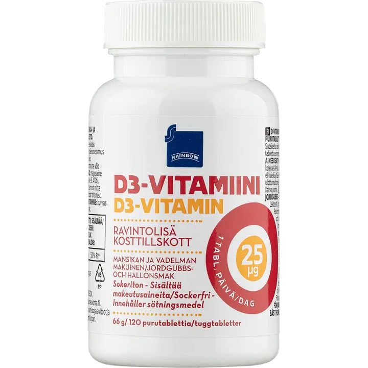 Rainbow D3-vitamiini 25µg ravintolisä 66 g/120 purutablettia mansikan ja vadelman makuinen