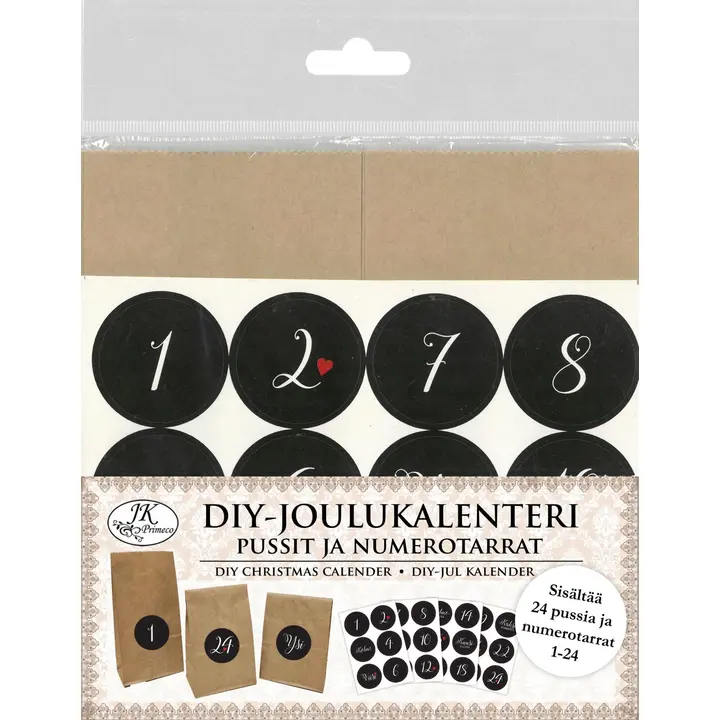 J.K. Primeco DIY-Joulukalenteri Pussit ja numerotarrat natur 24kpl