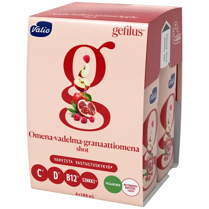 Valio Gefilus® shot 4x100 ml omena-vadelma-granaattiomena