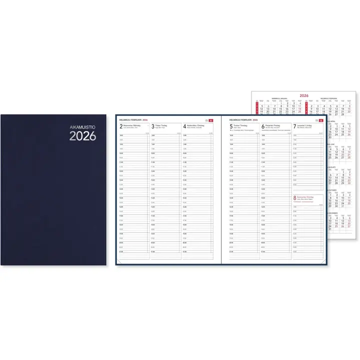 Pöytäkalenteri Aikamuistio ommeltu 2026, sininen