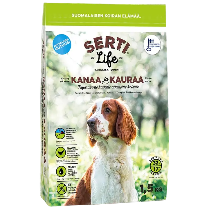 SertiLife Kanaa ja kauraa, kotimainen täysravinto kaikille aikuisille koirille.