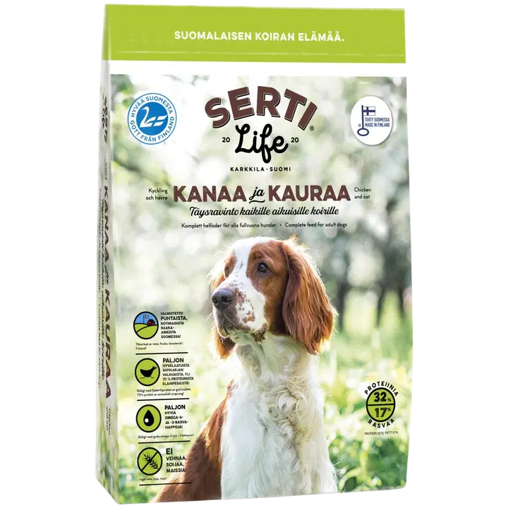 KOTIMAINEN SertiLife Kanaa ja kauraa, täysravinto kaikille aikuisille koirille 1,5 kg
