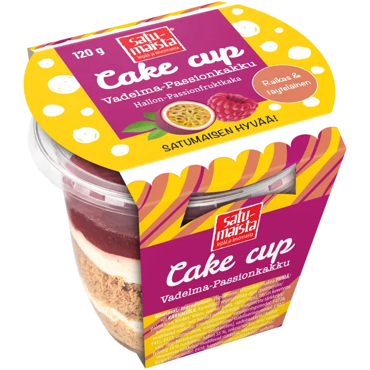 Satumaista Cake cup Vadelma-passionkakku 120g