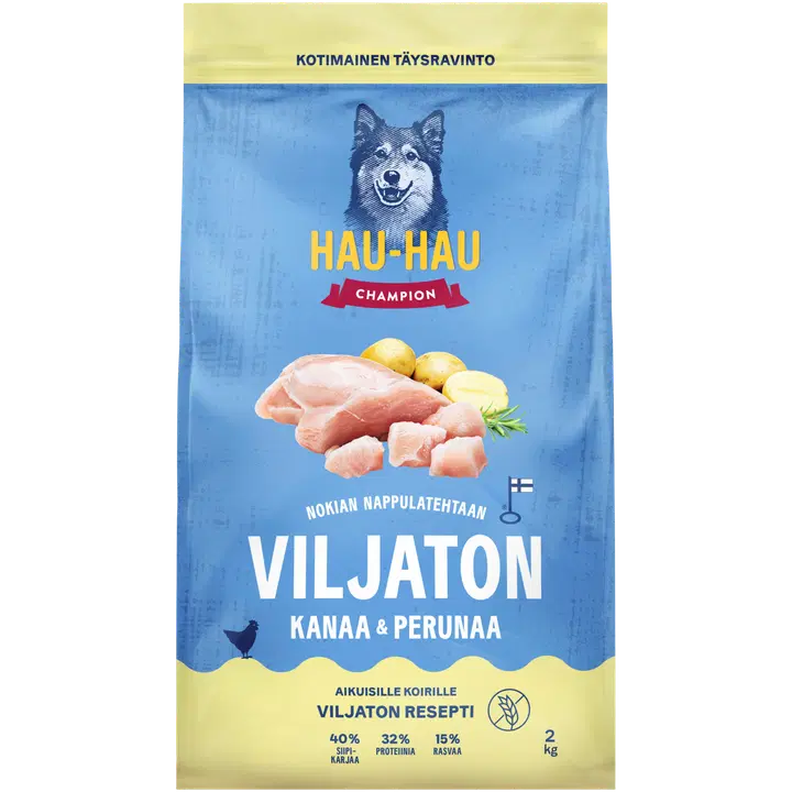 Hau-Hau Champion Nokian Nappulatehtaan Spannmålsfritt kyckling och potatis helfoder för vuxna hundar 2 kg