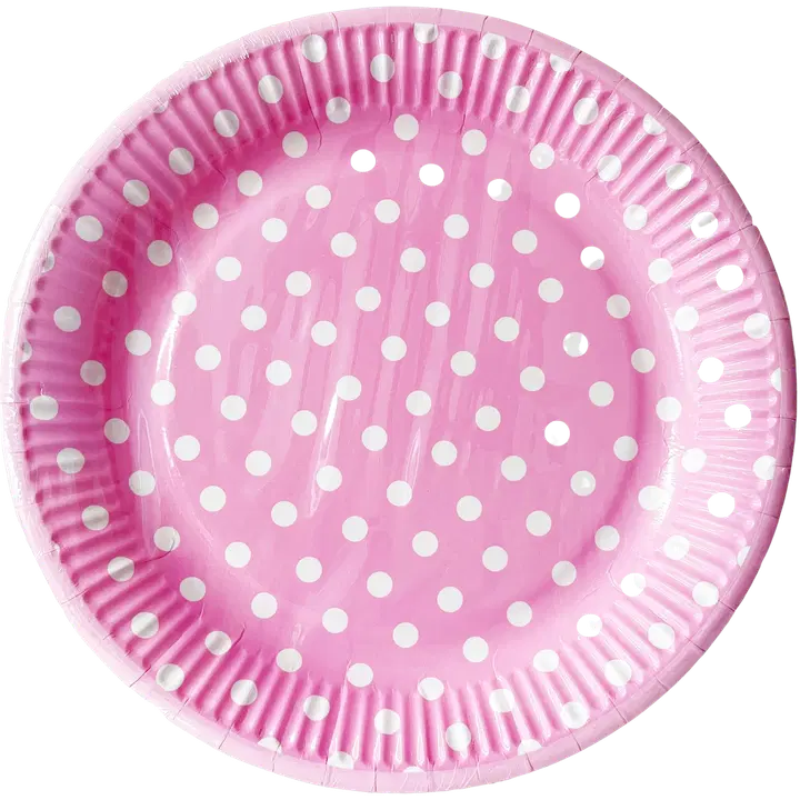 Roosa nauha lautanen 22,7 cm pinkki valkoiset pilkut 8 kpl