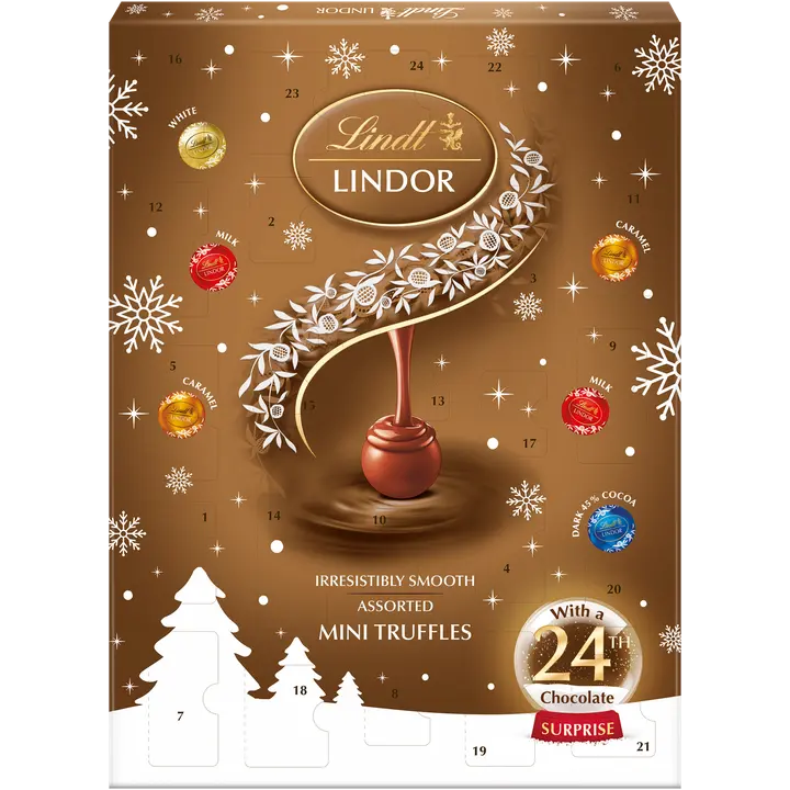 Lindt LINDOR suklaakalenteri valikoima maito-, tumma ja valkosuklaata pehmeällä täytteellä 117g
