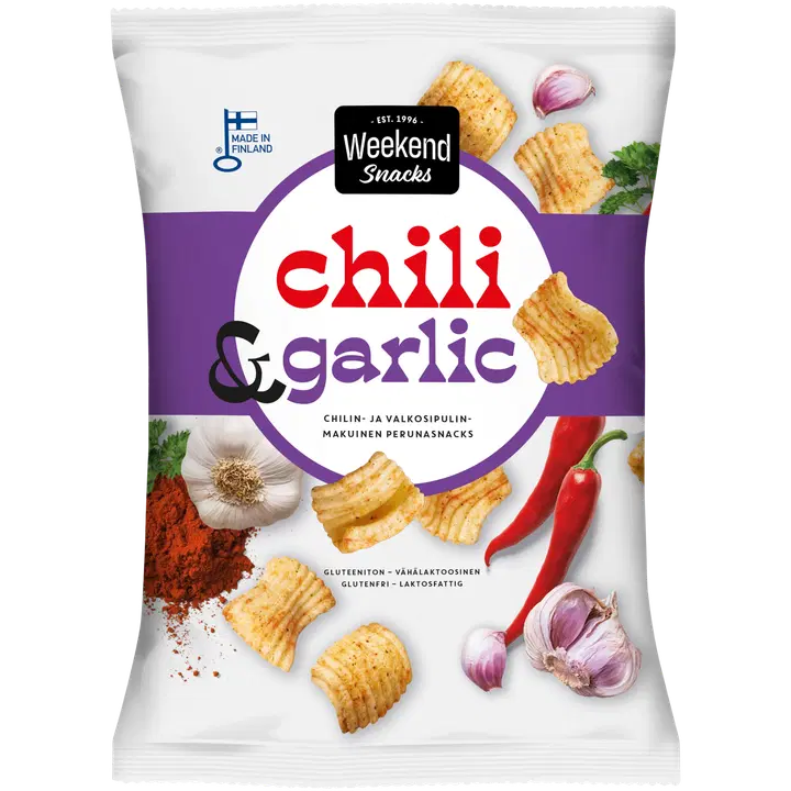 Weekend Snacks Chili & Garlic Chilin- ja valkosipulinmakuinen perunasnacks 180g