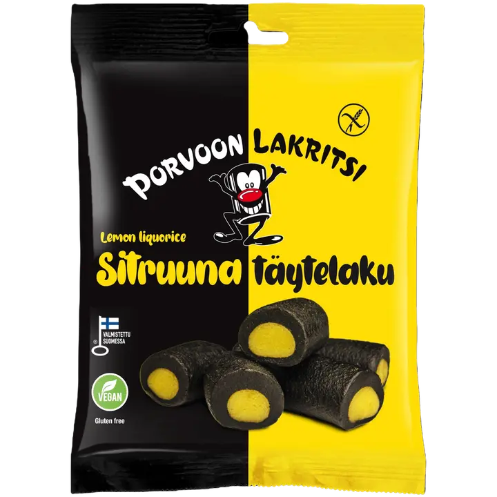 Porvoon Lakritsi Gluteeniton täytelakritsi sitruuna150g sitruunanmakuinen täytelakritsi