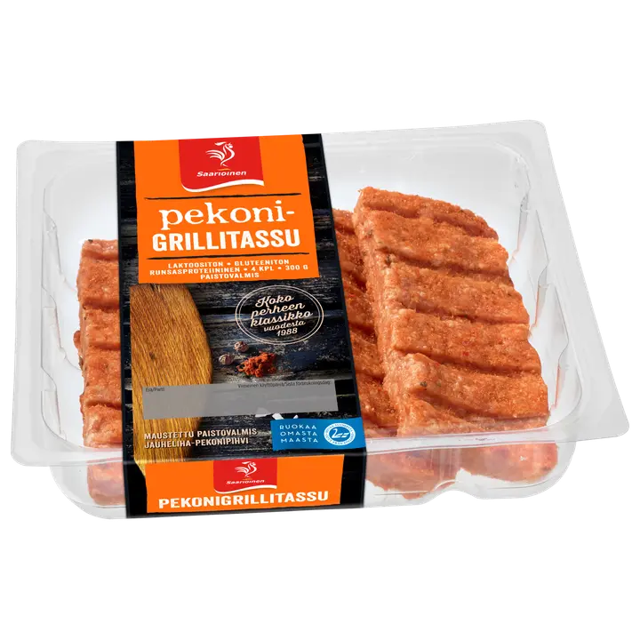 Saarioinen Pekonigrillitassu, maustettu jauheliha-pekonipihvi, kypsentämätön 4kpl 300g