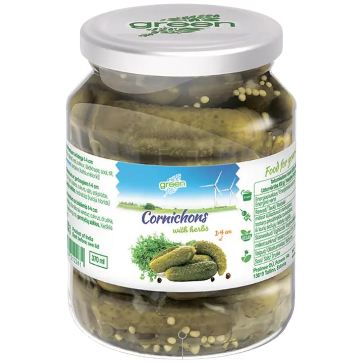Green kornišonid 1-4 cm ürtidega 370 ml