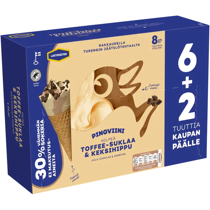 Pingviini Toffee-Suklaa & keksihippu Vähemmän sokeria, Laktoositon monipakkaus 8x67g