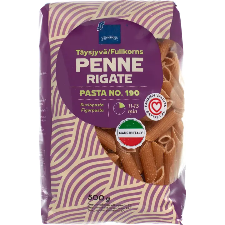 Rainbow 500g Täysjyvä Penne Rigate putkipasta