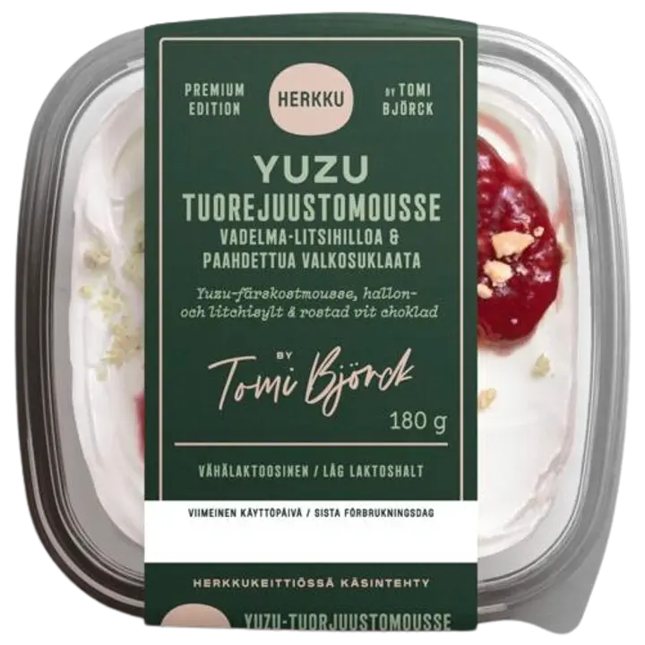 Herkku Yuzu-tuorejuustomousse, vadelma-litsihilloa & paahdettua valkosuklaata 180g