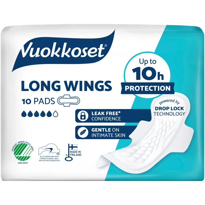 Vuokkoset Long Wings lång tunn binda med vingar 10 st