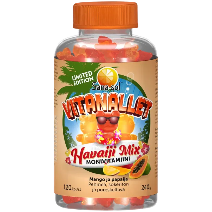Sana-sol Vitanallet Havaiji Mix Limited Edition pehmeä, sokeriton ja pureskeltava mangon- ja
papaijanmakuinen monivitamiinivalmiste ravintolisä 120kpl / 240g