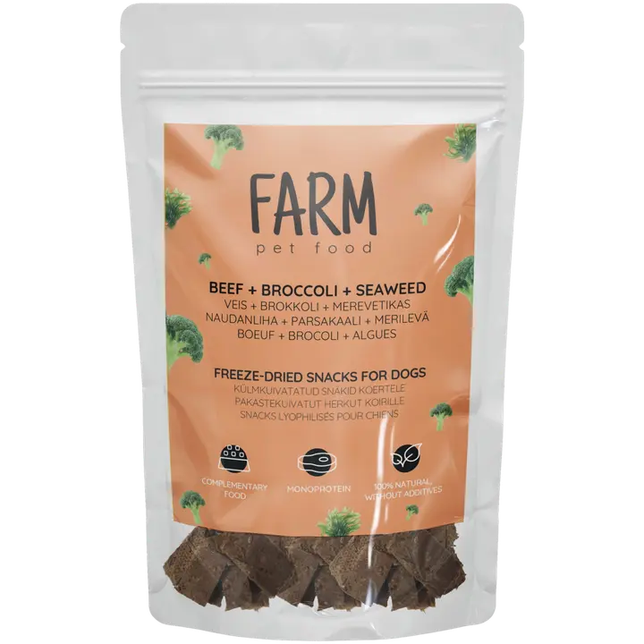 Farm pet food Külmkuivatatud snäkid koertele Veiseliha-brokkoli-merevetikad 50%/49%/1%, 80g