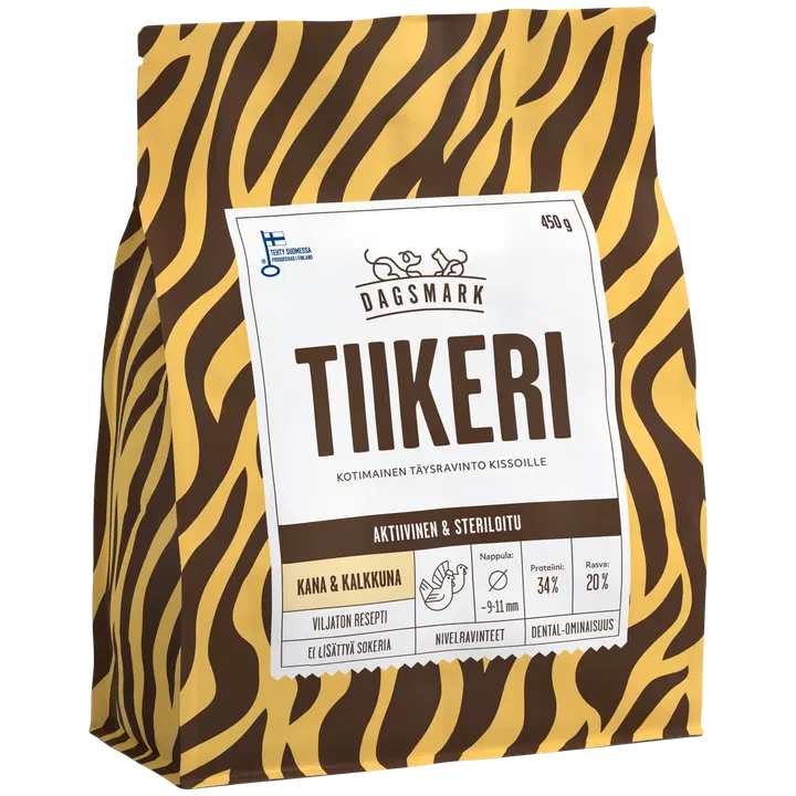 Dagsmark TIIKERI kana, kalkkuna viljaton täysravinto kissan kuivaruoka steriloiduille aktiivisille kissoille 450 g