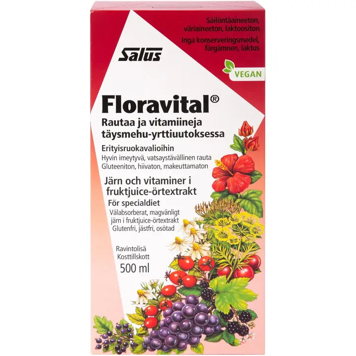 Salus Blutsaft Floravital rautaa ja vitamiineja täysmehu-yrttiuutoksessa 500ml