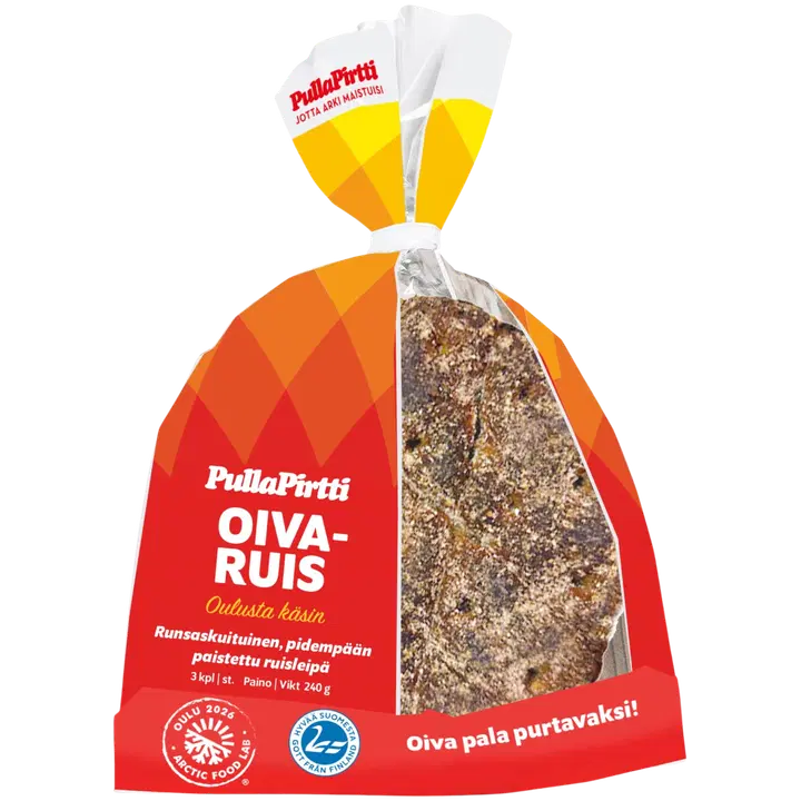 Pulla-Pirtti OIVA-Ruis 3/240 g halkaistu laktoositon runsaskuituinen täysjyväruisleipä