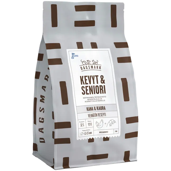 Dagsmark KEVYT & SENIORI vehnätön kana-kaura täysravinto koiran kuivaruoka 2 kg
