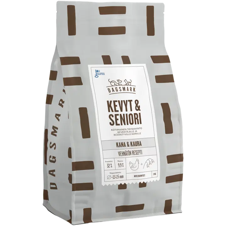 Dagsmark KEVYT & SENIORI vehnätön kana-kaura täysravinto koiran kuivaruoka 2 kg