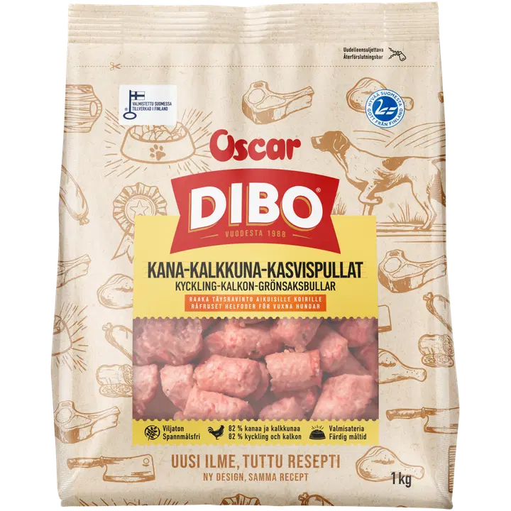 DIBO Kana-kalkkuna-kasvispullat raakapakastettu täysravinto koirille 1kg