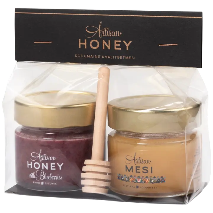 Komplekt tsellofaanis: Mesi 100 g ja Mesi mustikatega 100 g + meevurr