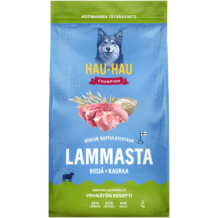 Hau-Hau Champion Nokian Nappulatehtaan Lammasta, riisiä & kauraa täysravinto aikuisille koirille 2 kg